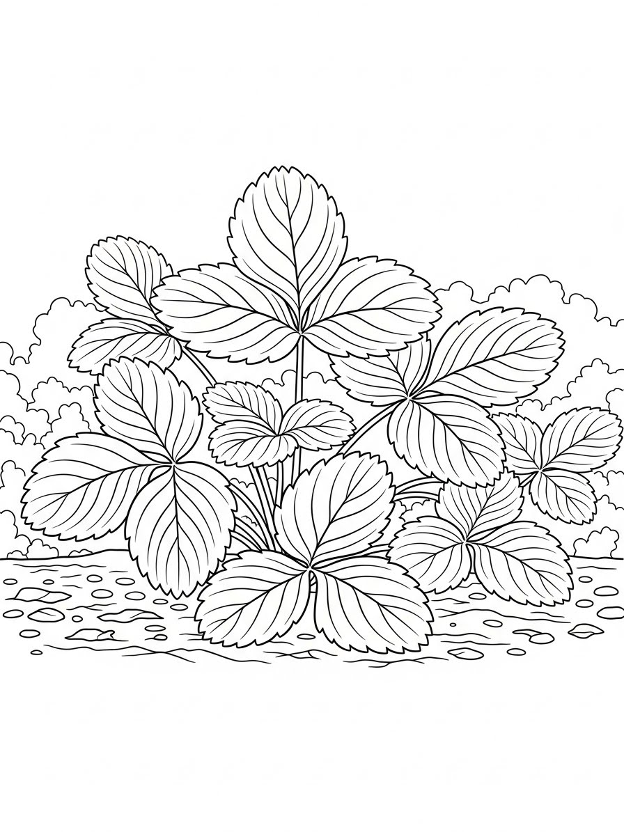 Desenho de Morango para colorir com folhas e plantas