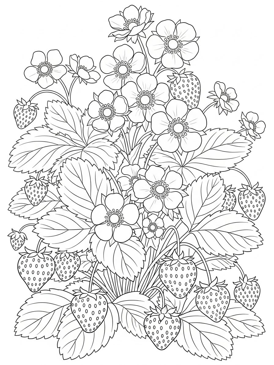 Desenho de Morango realista com flores para colorir