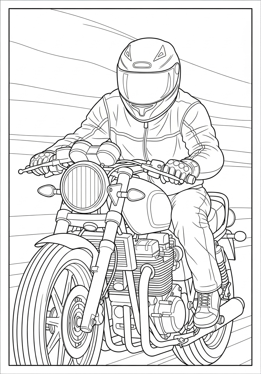Desenho de Moto Clássica com Piloto para colorir