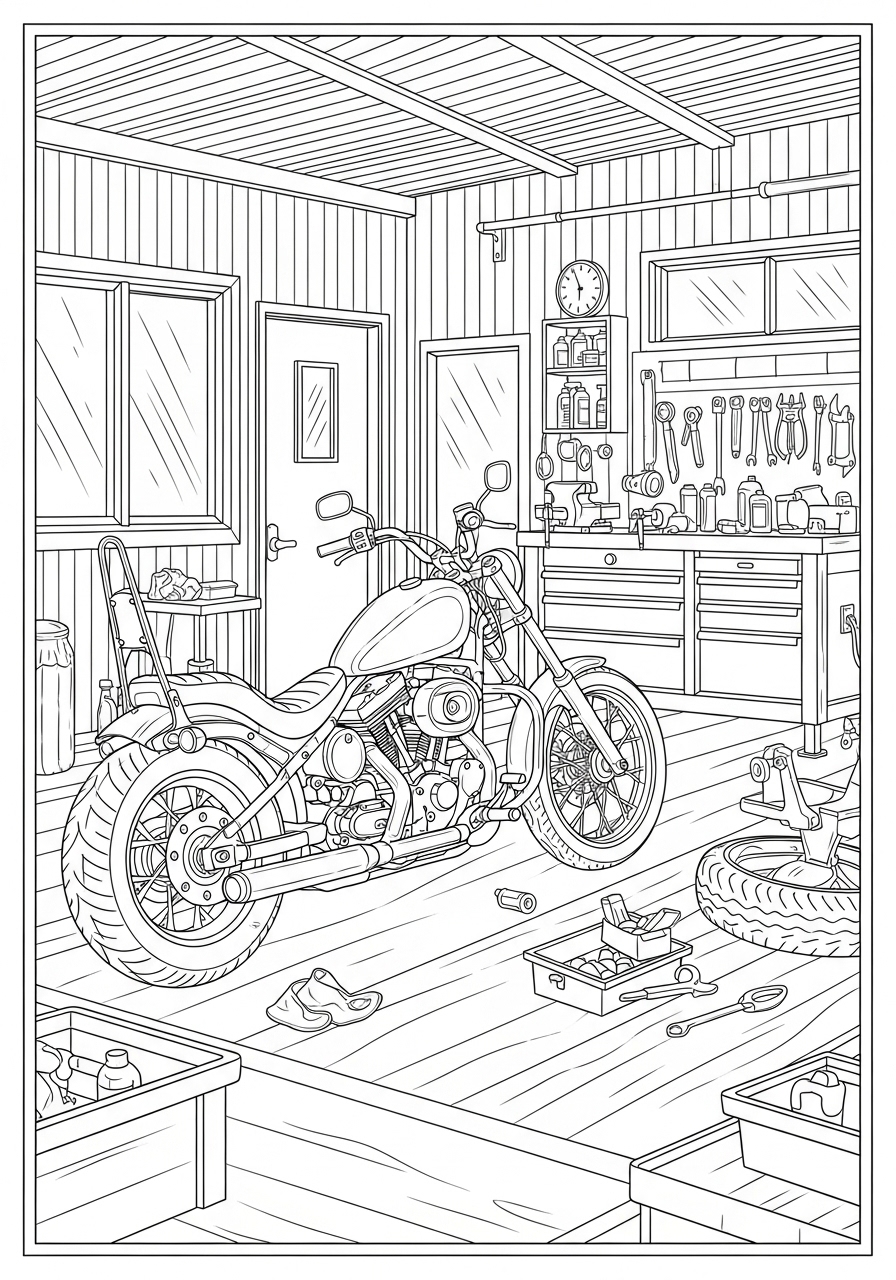Desenho de Moto Custom no Garagem para colorir