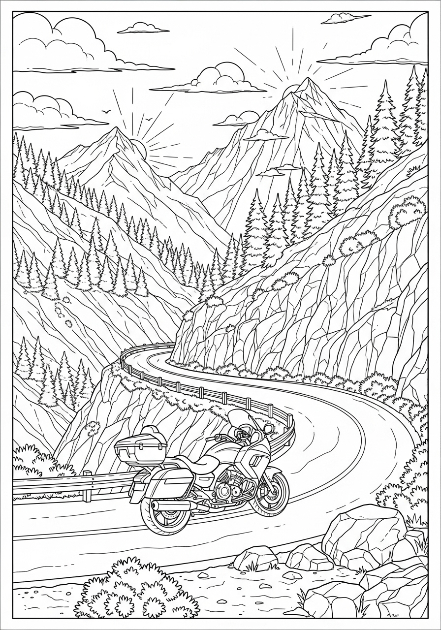 Desenho de Moto em estrada montanhosa para colorir