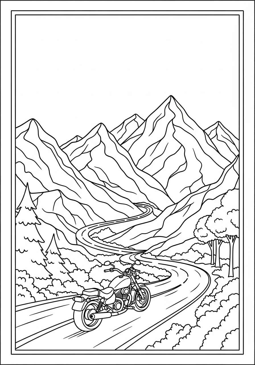 Desenho de Moto em Estrada Montanhosa para colorir