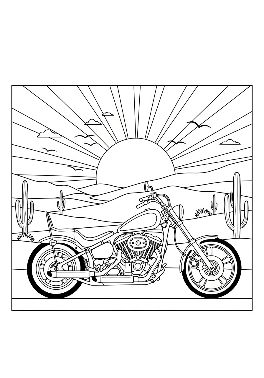 Desenho de Moto Chopper no deserto para colorir