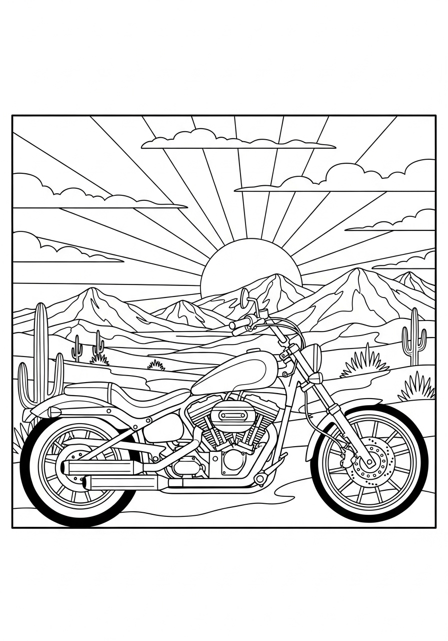 Desenho de Moto Chopper com paisagem para colorir