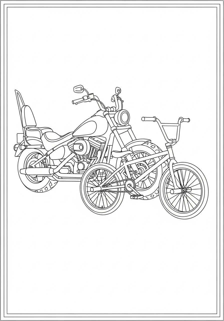 Desenho de Moto Custom e Bicicleta para Colorir