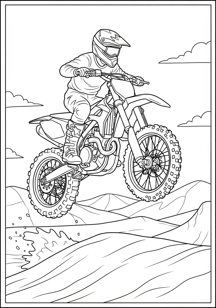 Desenho de Moto de Motocross saltando colina