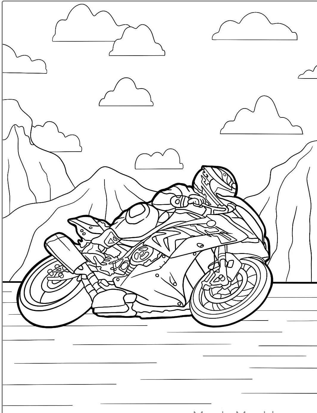 Desenho de Moto de Corrida em movimento para colorir