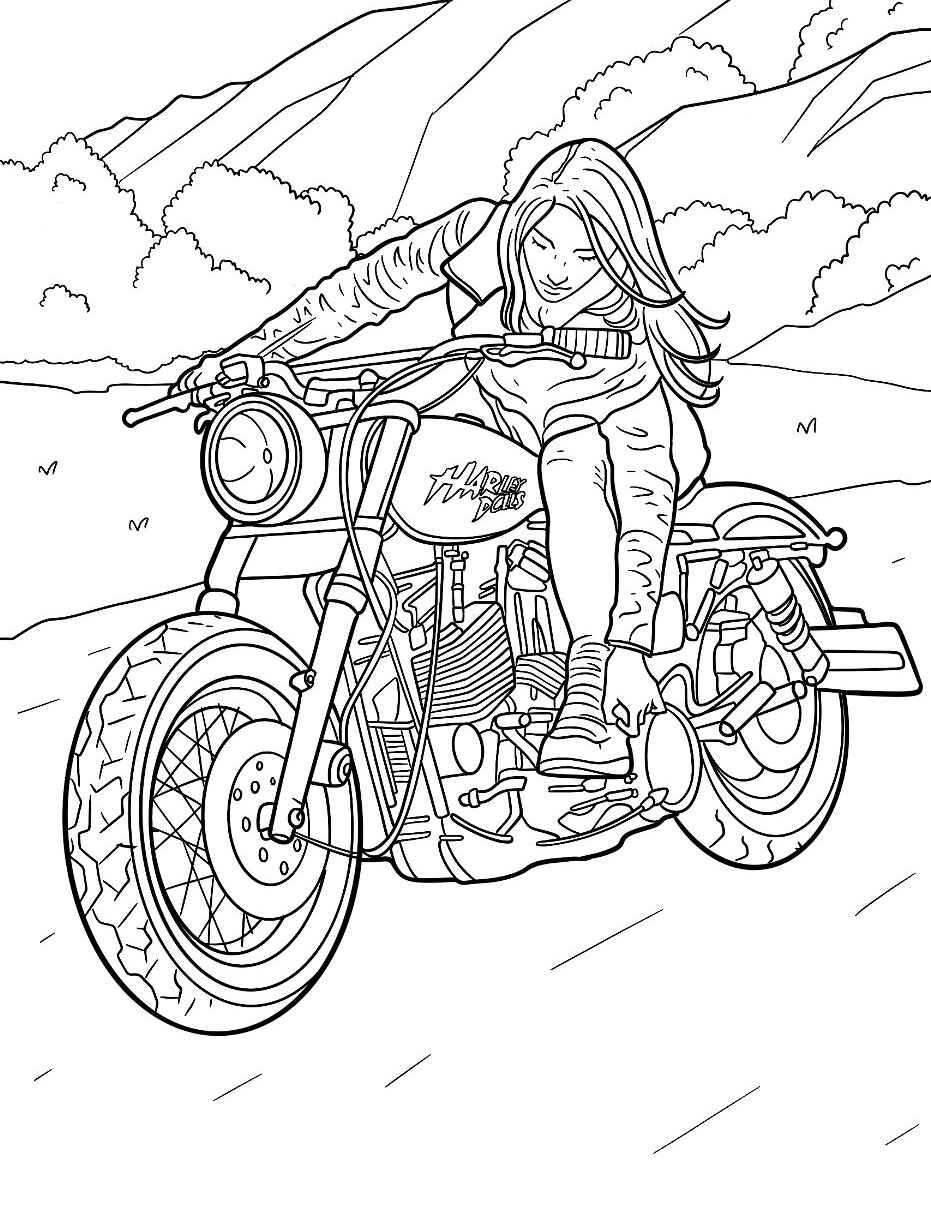 Desenho de Moto Custom com Piloto para colorir