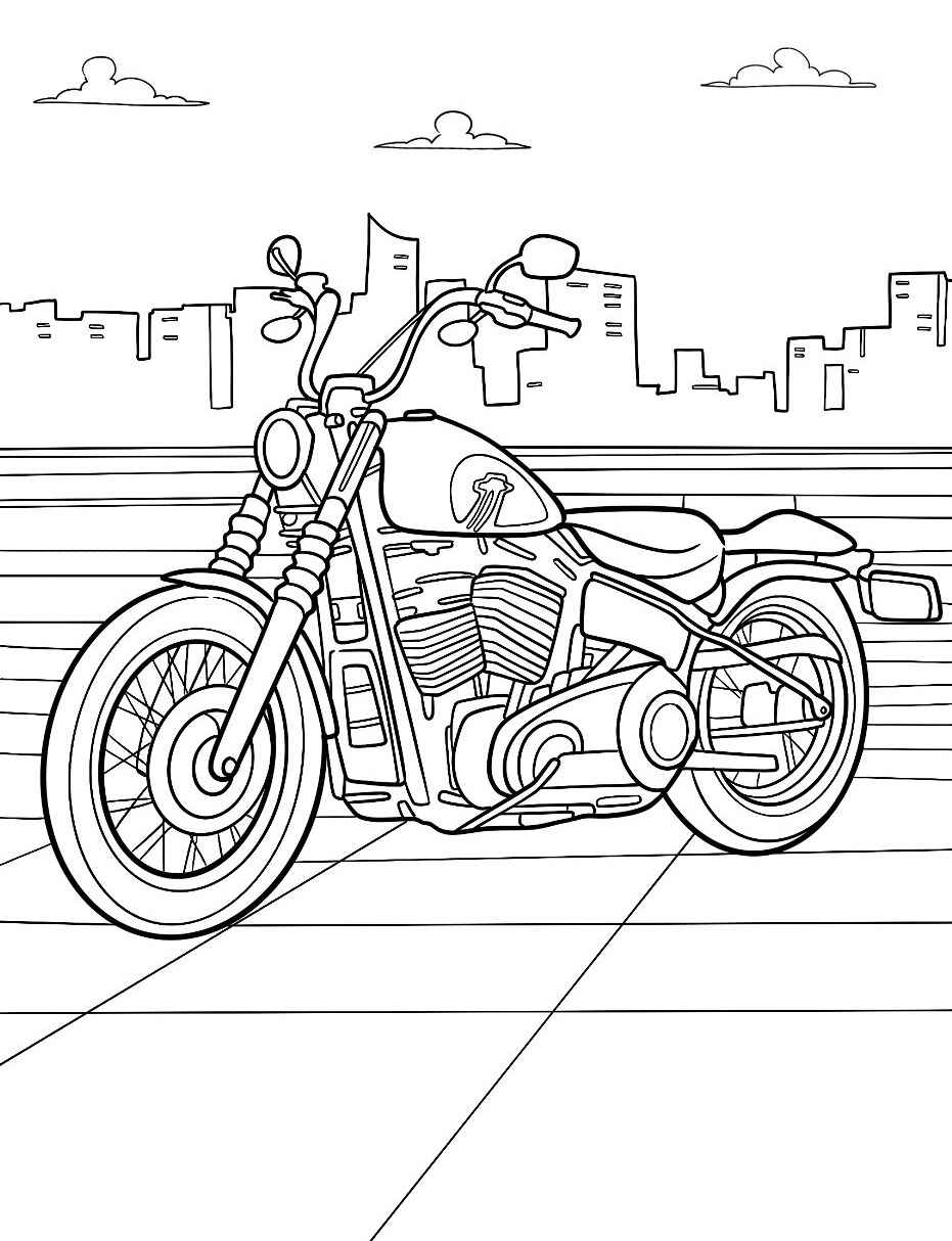 Desenho de Moto Clássica na Cidade para colorir