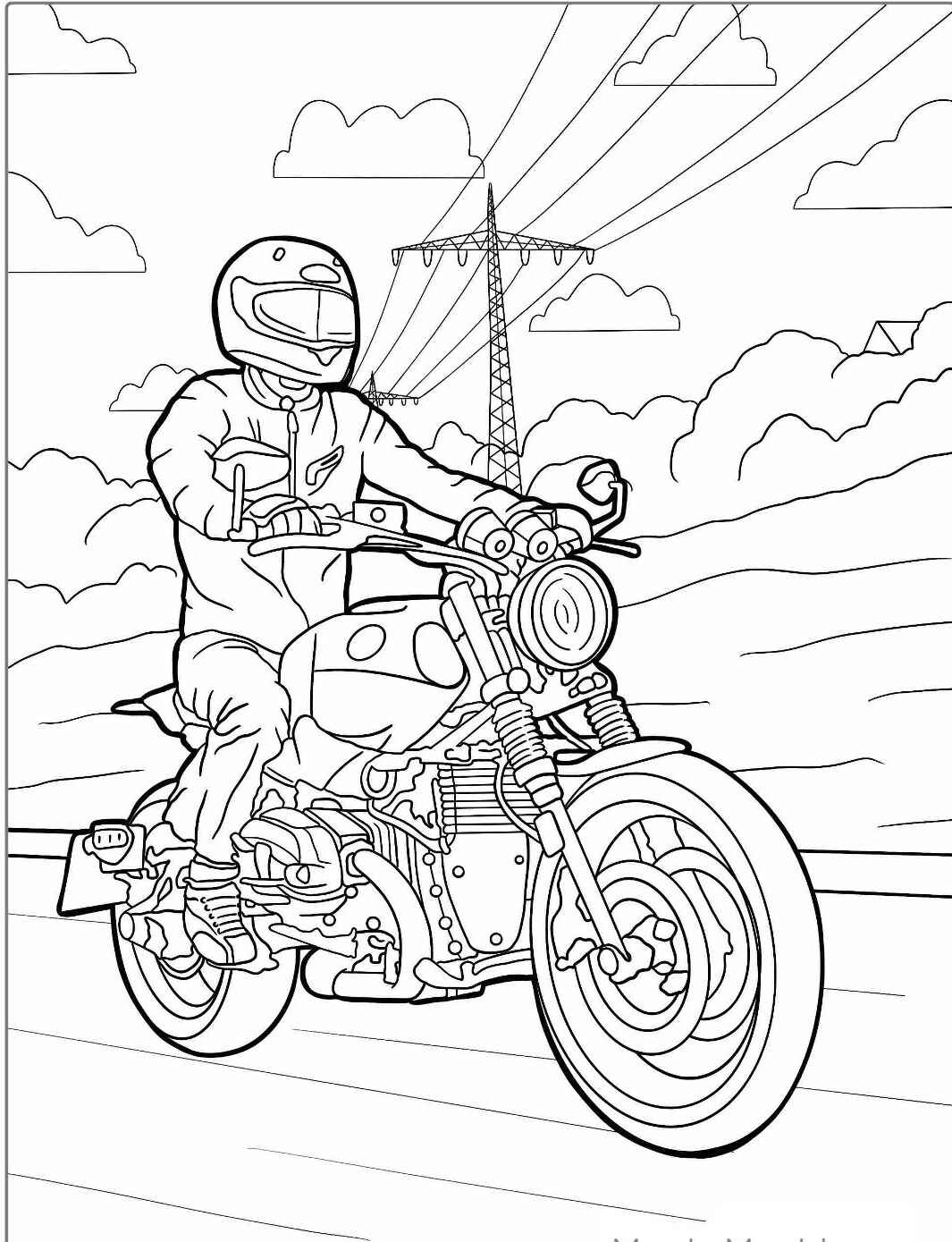 Desenho de Moto Clássica com piloto para colorir