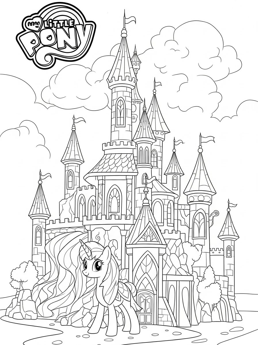 Desenho My Little Pony com um castelo e uma pônei para colorir