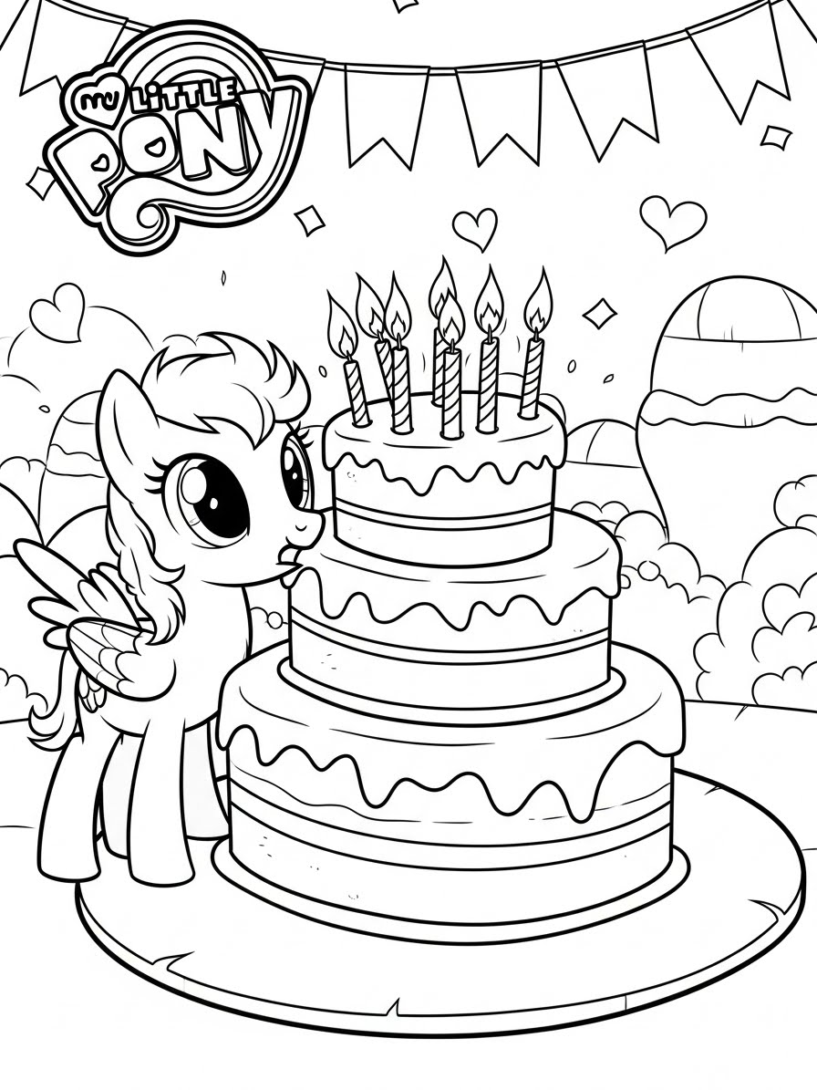 Desenho My Little Pony com a Rainbow Dash e bolo para colorir