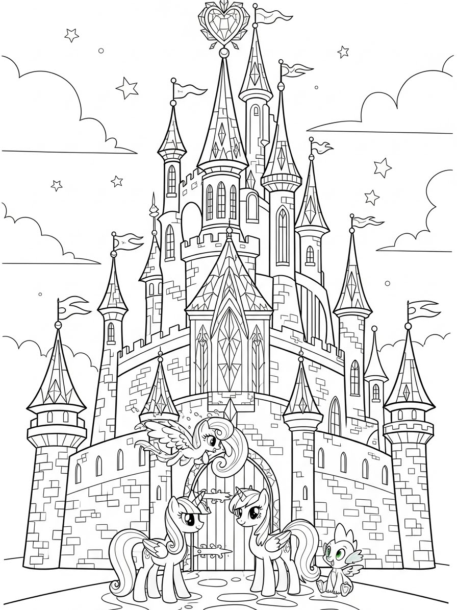 Desenho My Little Pony com castelo e personagens para colorir