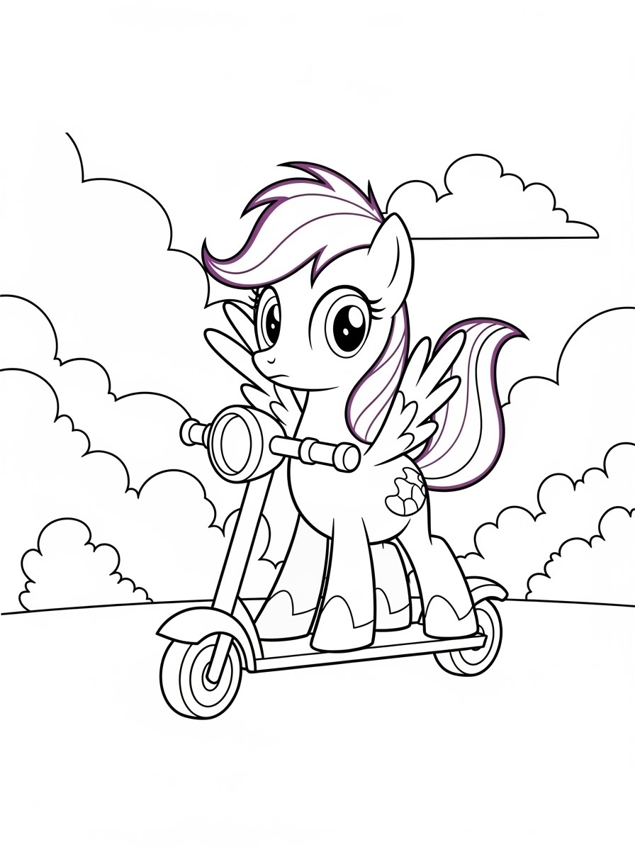 Desenho My Little Pony com a Rainbow Dash em scooter para colorir