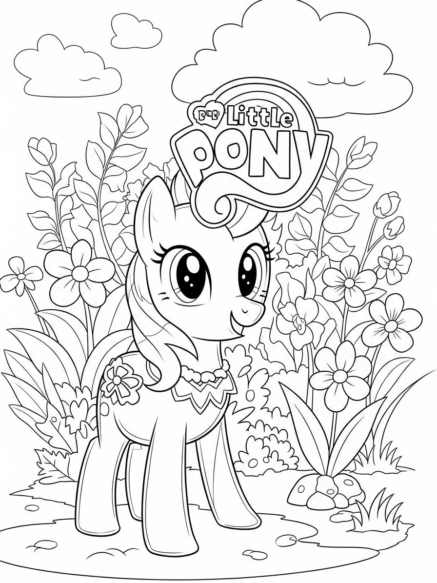 Desenho My Little Pony com pônei em meio a flores para colorir