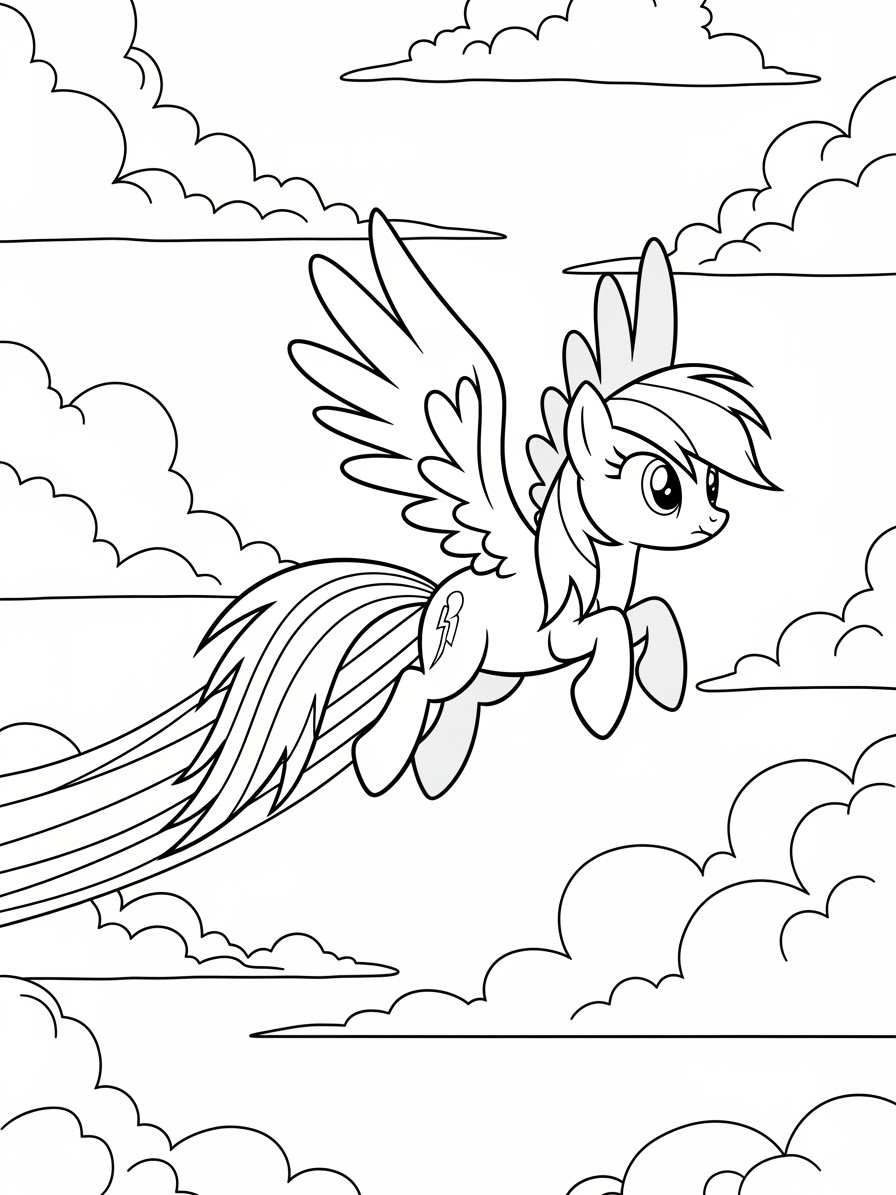 Desenho My Little Pony com pônei voando entre nuvens