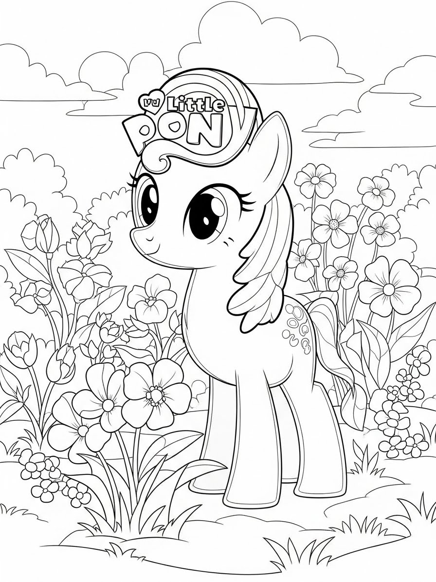 Desenho My Little Pony com uma pônei em um jardim para colorir