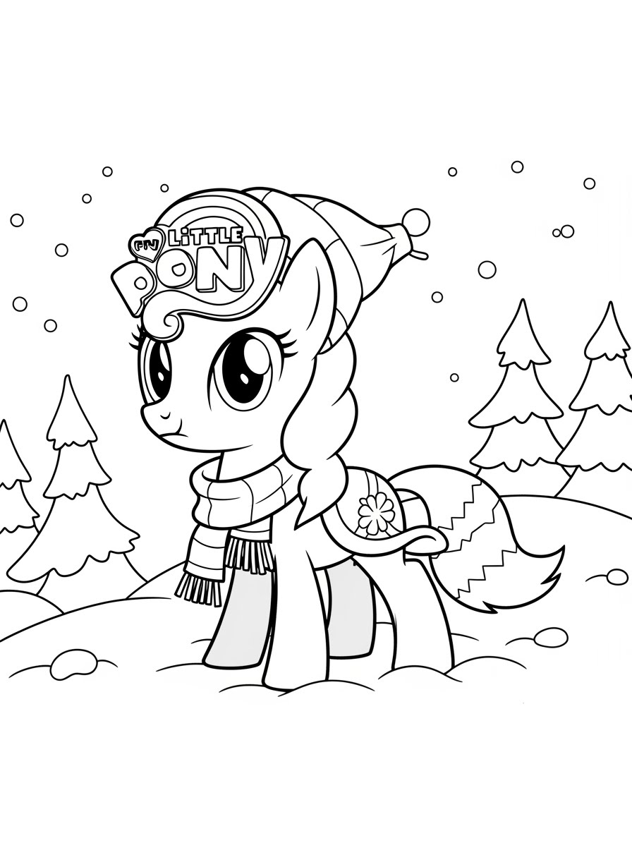 Desenho My Little Pony de um pônei com gorro e cachecol