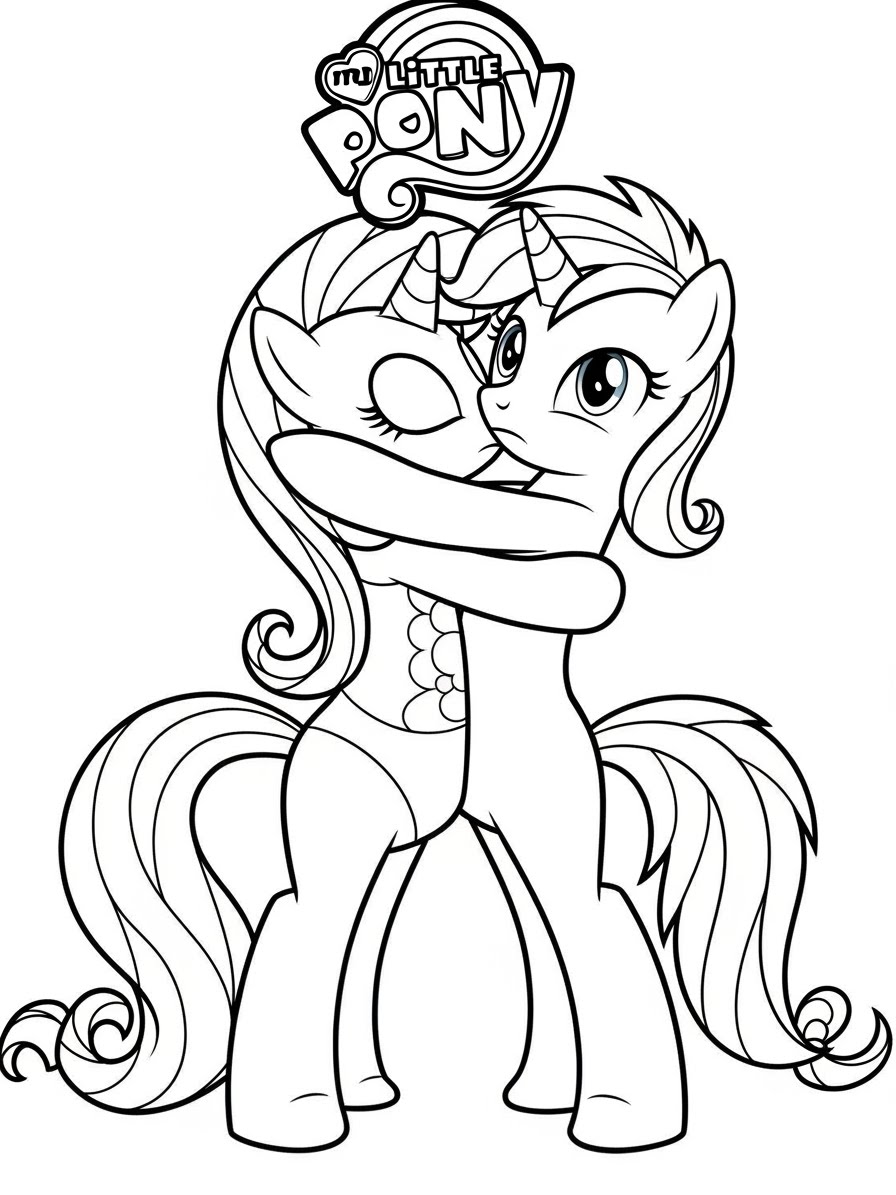 Desenho My Little Pony com duas ponies se abraçando para colorir