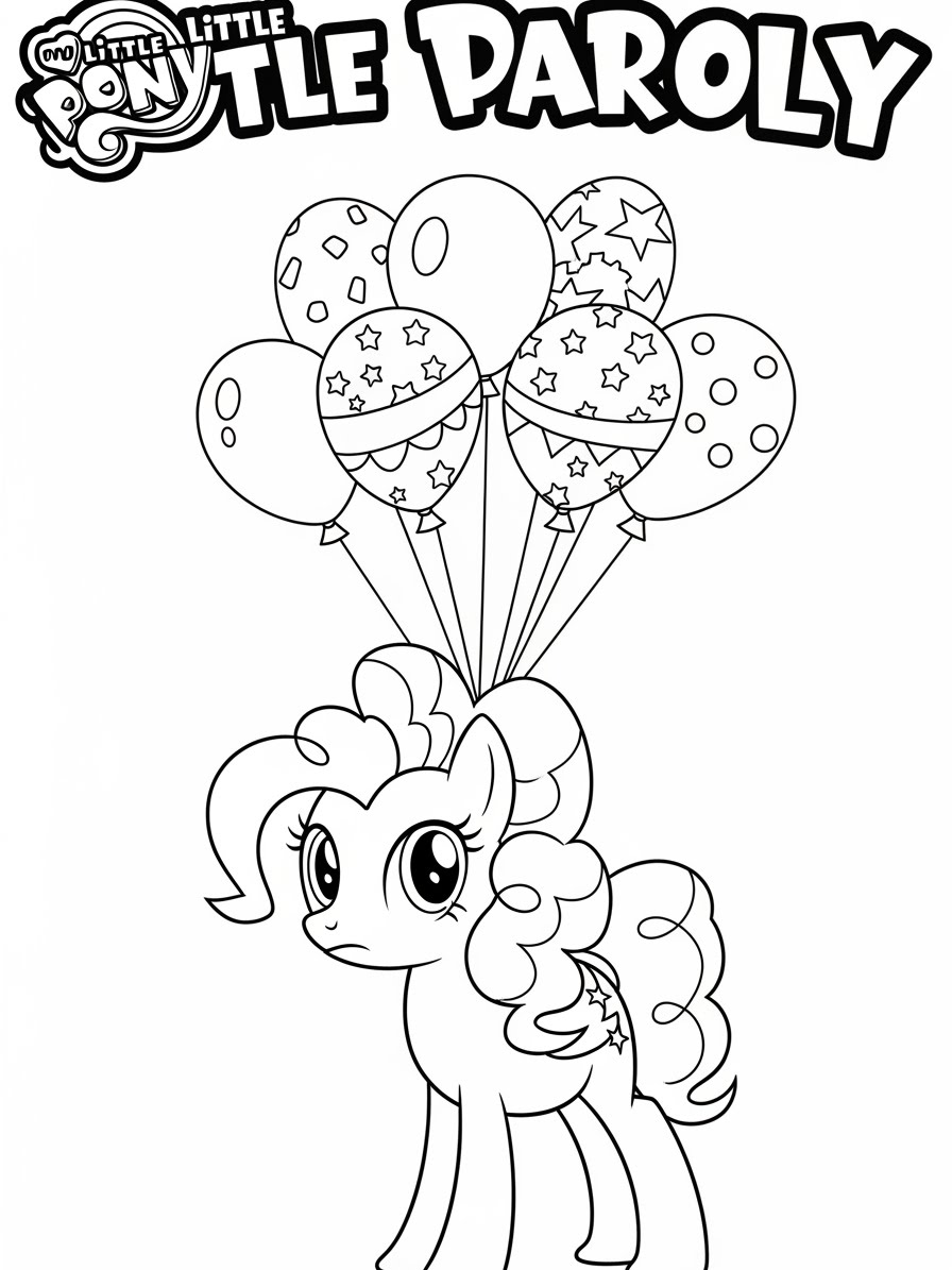 Desenho My Little Pony com Pinkie Pie segurando balões