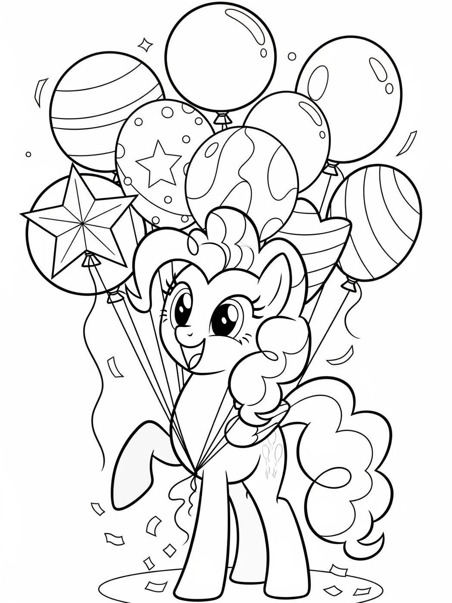 Desenho My Little Pony com a Pinkie Pie e balões para colorir