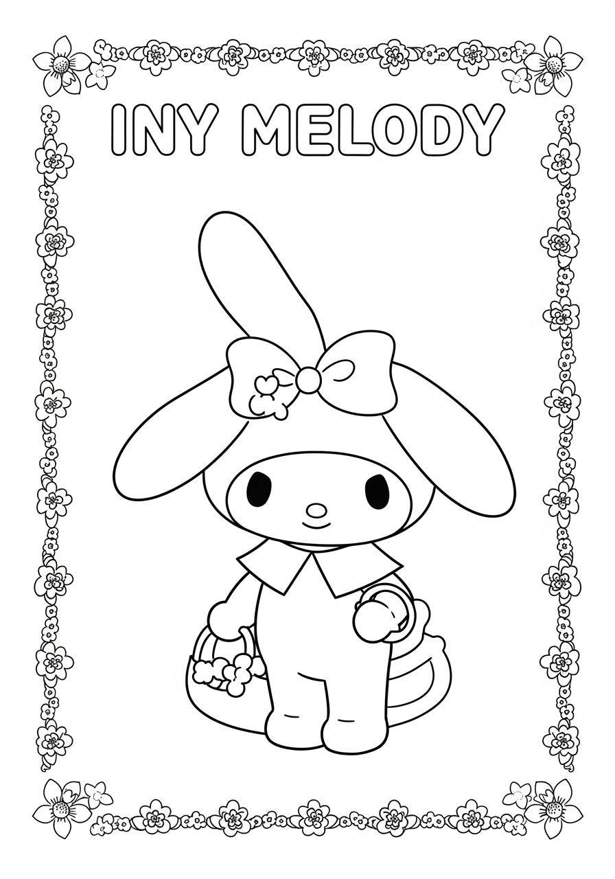 Desenho My Melody segurando uma cesta de flores