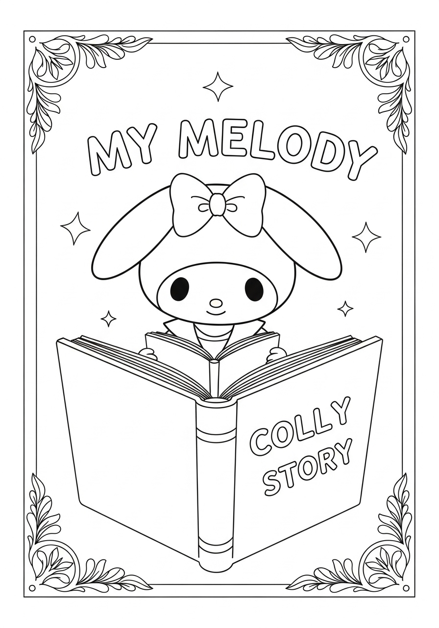Desenho My Melody lendo livro para colorir