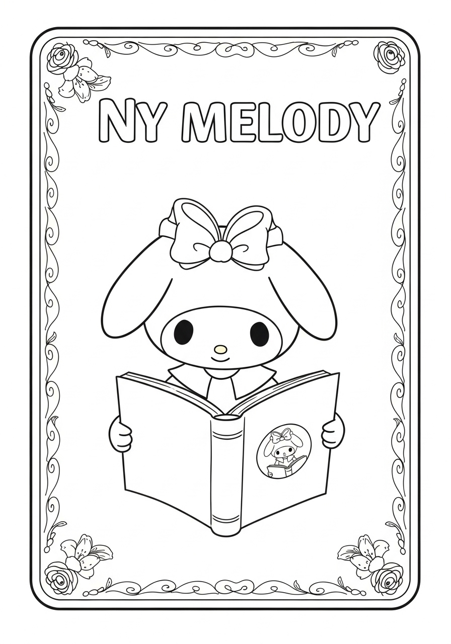 Desenho My Melody lendo um livro com uma moldura decorativa