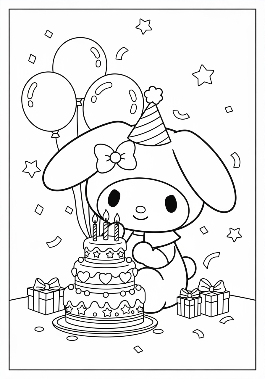 Desenho My Melody comemorando aniversário com bolo e balões