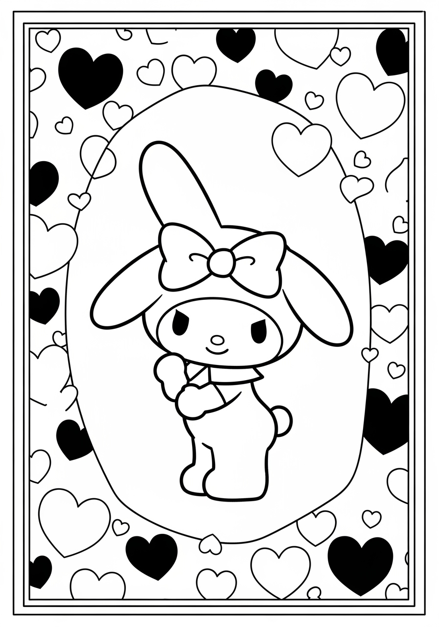 Desenho My Melody rodeado de corações para colorir