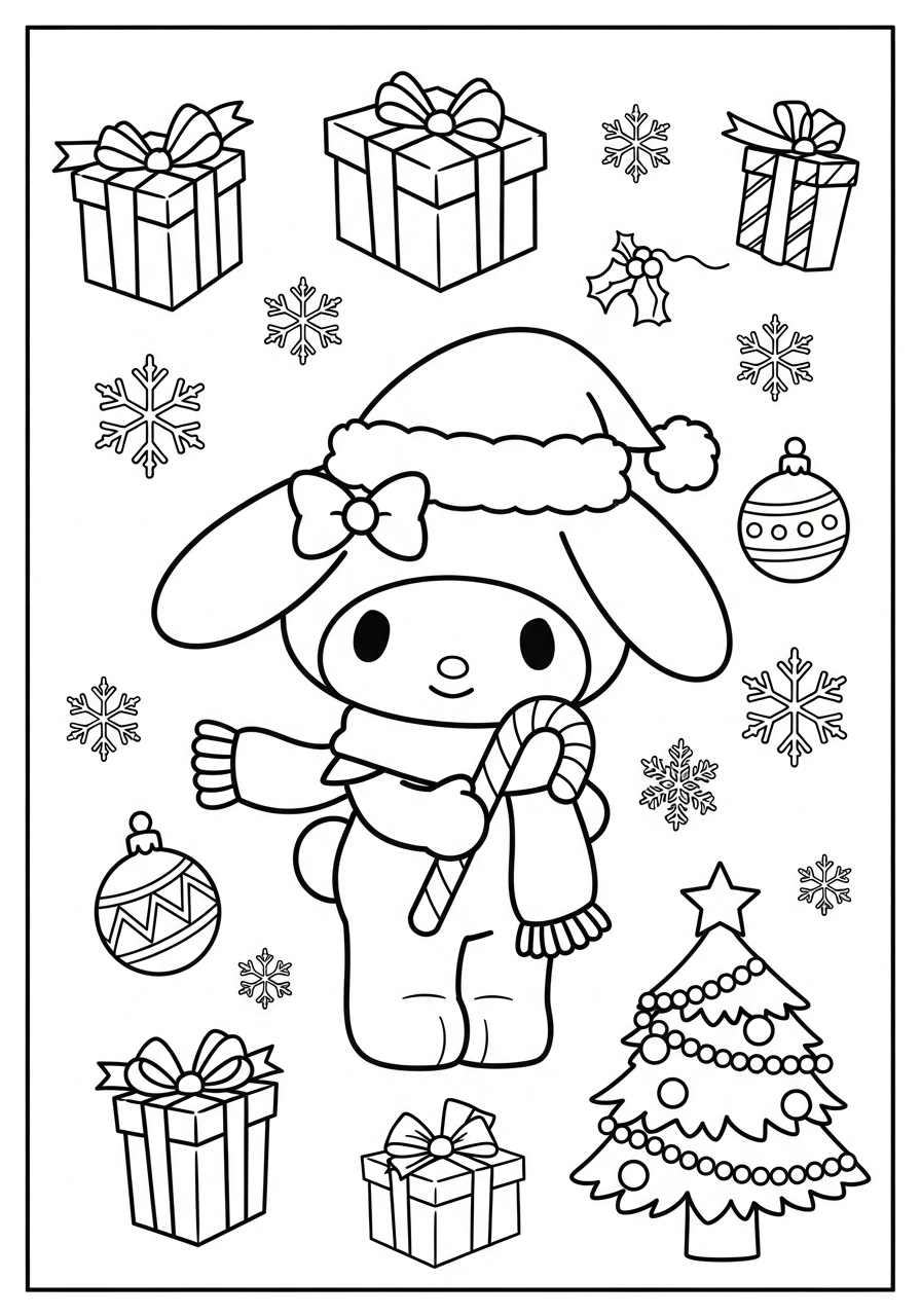 Desenho My Melody com presentes e árvore de natal