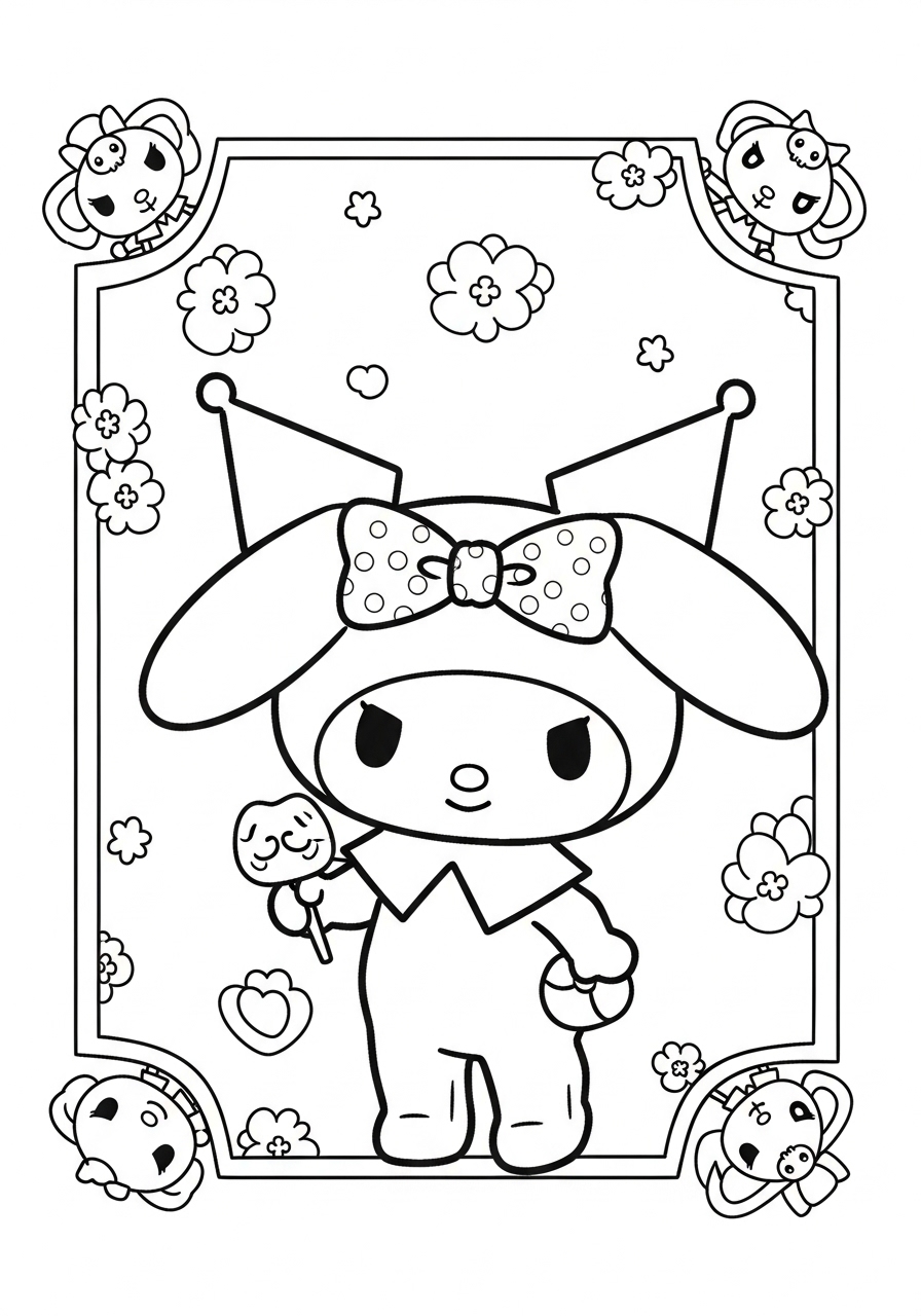 Desenho da My Melody com Kuromi segurando um doce