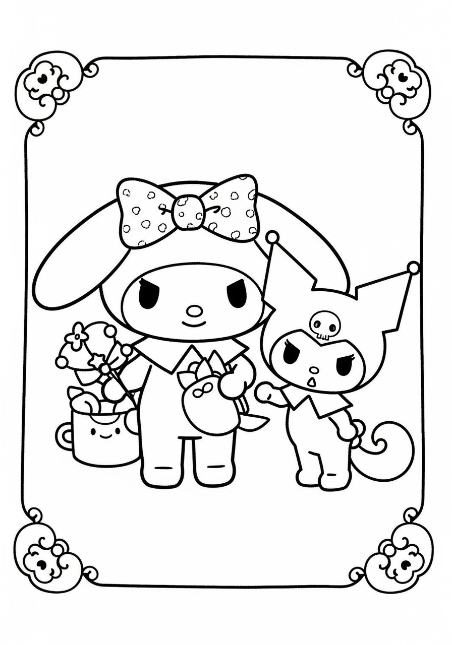 Desenho My Melody e kuromi com flores para colorir