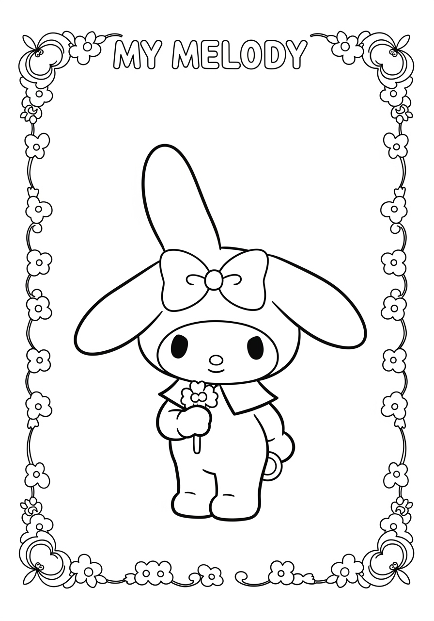 Desenho My Melody segurando uma flor para colorir