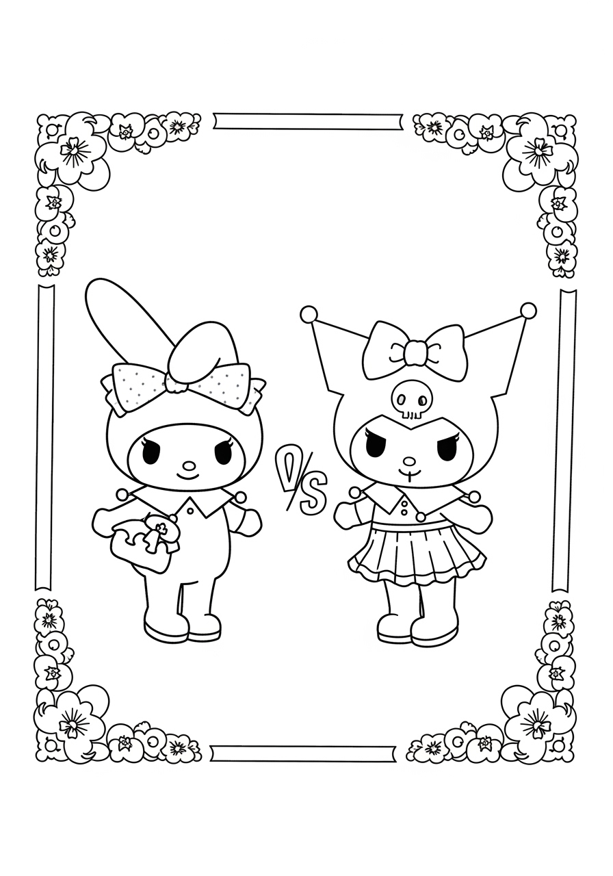 Desenho My Melody e kuromi com flores ao redor para colorir