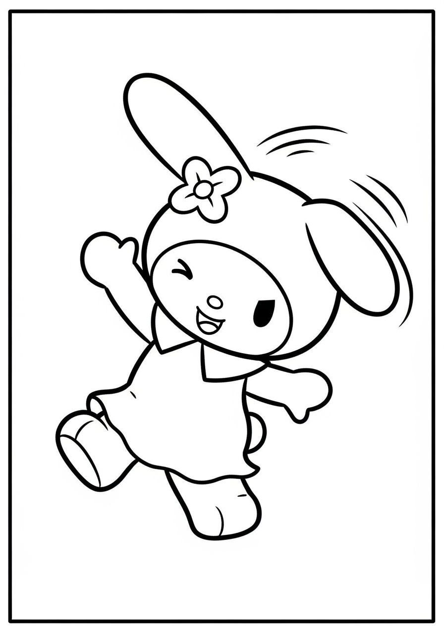 Desenho My Melody sorrindo com um vestido e flor na orelha