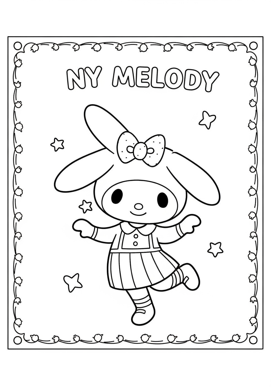 Desenho My Melody com vestido e chapéu para colorir