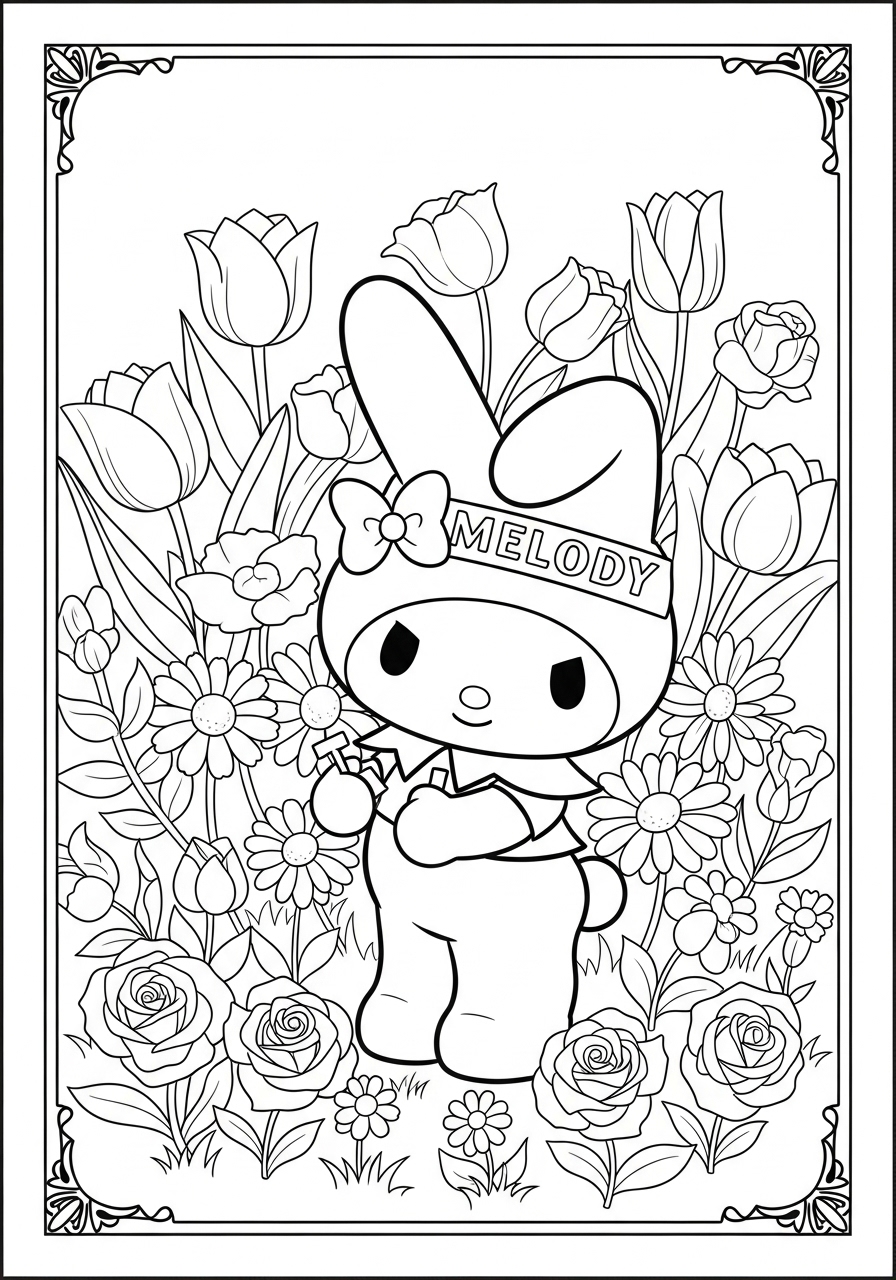 Desenho My Melody entre flores para colorir