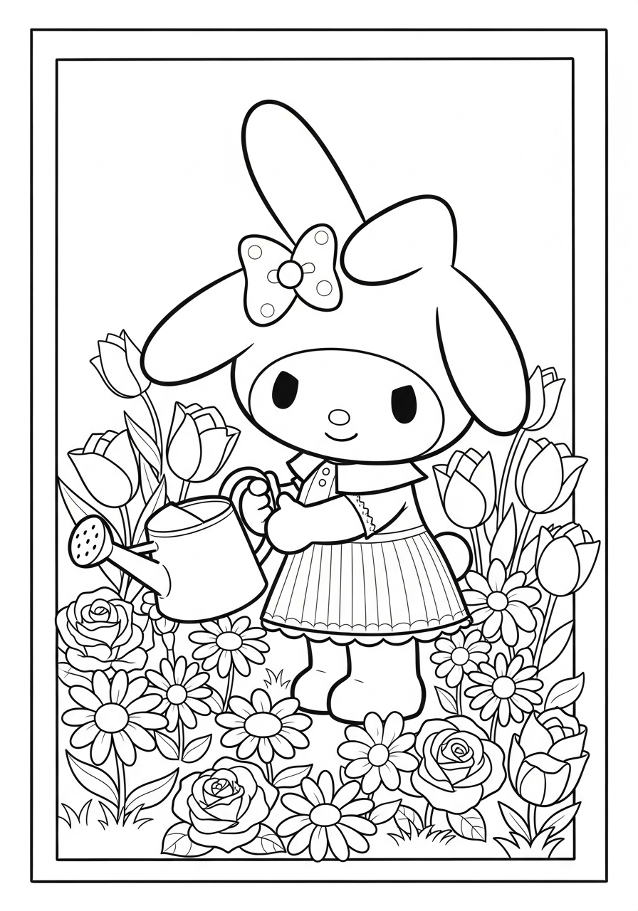 Desenho My Melody regando flores em um jardim para colorir