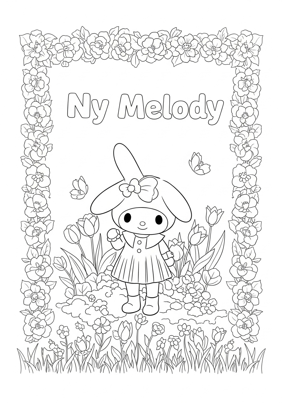 Desenho My Melody rodeada por flores para colorir