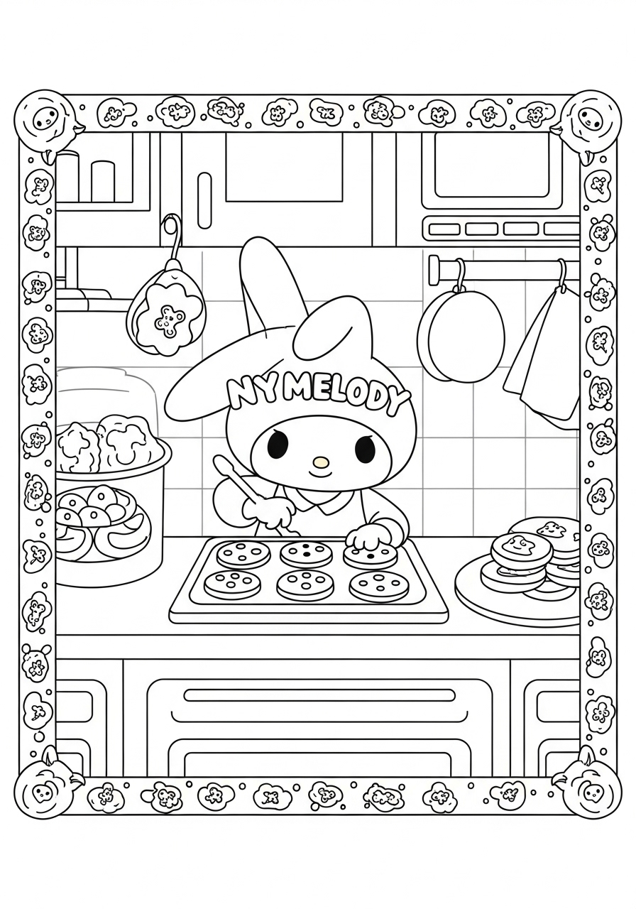 Desenho My Melody cozinhando biscoitos na cozinha