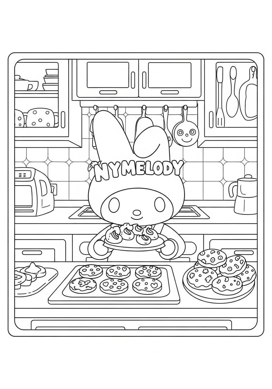 Desenho My Melody preparando biscoitos na cozinha