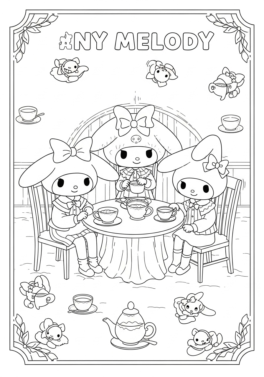 Desenho My Melody com amigos em uma cena de chá