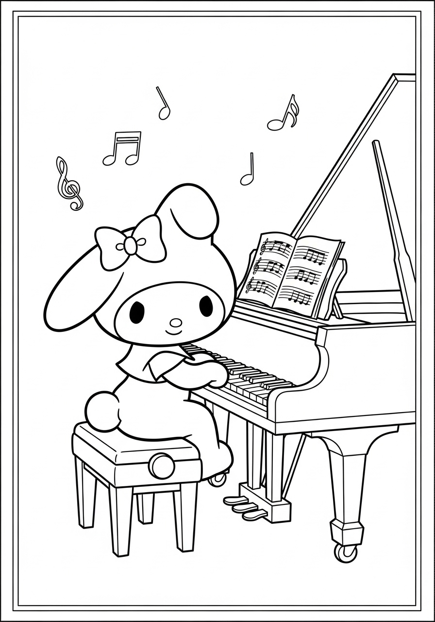 Desenho My Melody tocando piano com notas musicais