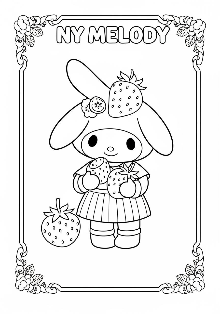 Desenho My Melody segurando morangos para colorir