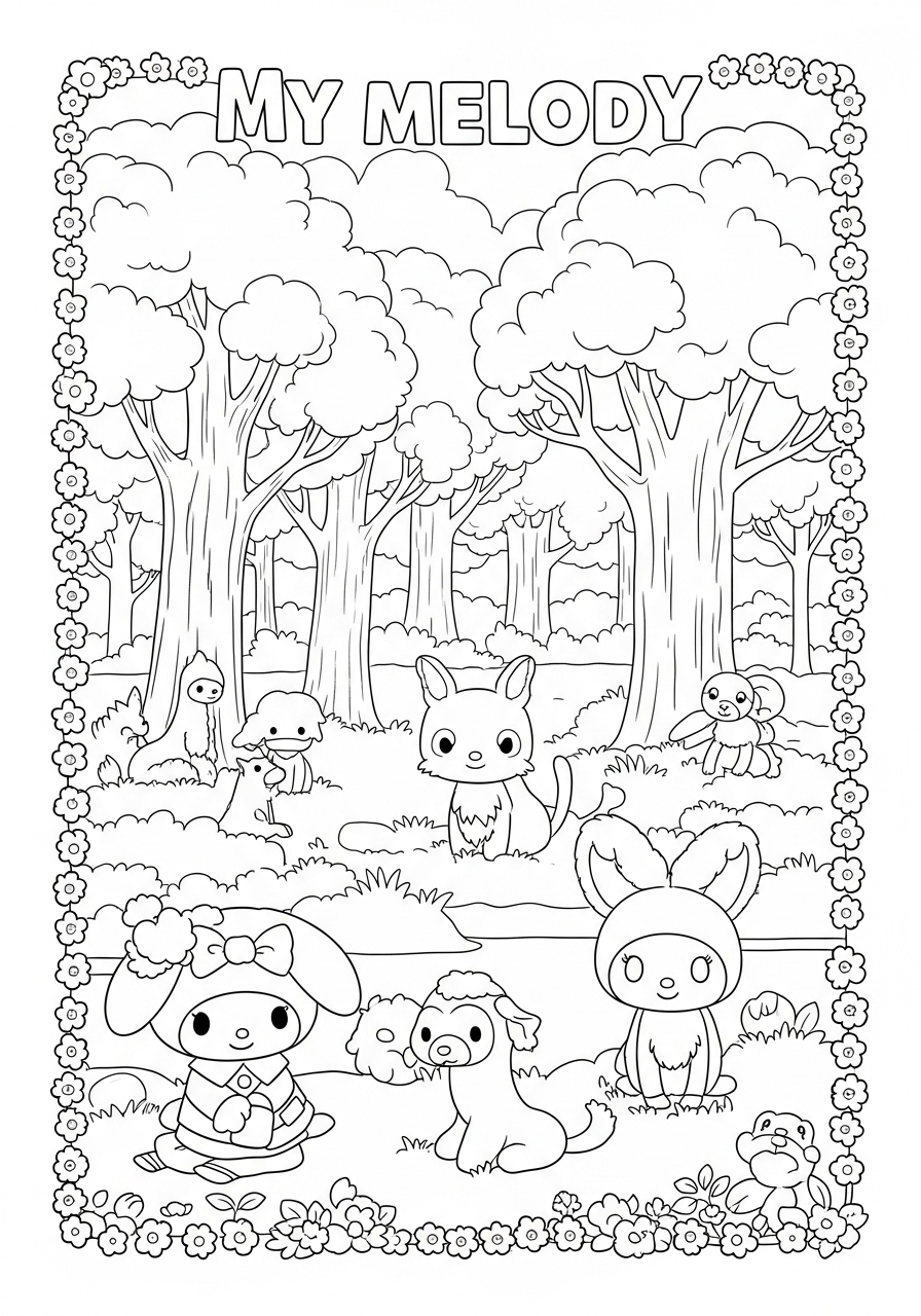 Desenho My Melody e amigos em um bosque para colorir