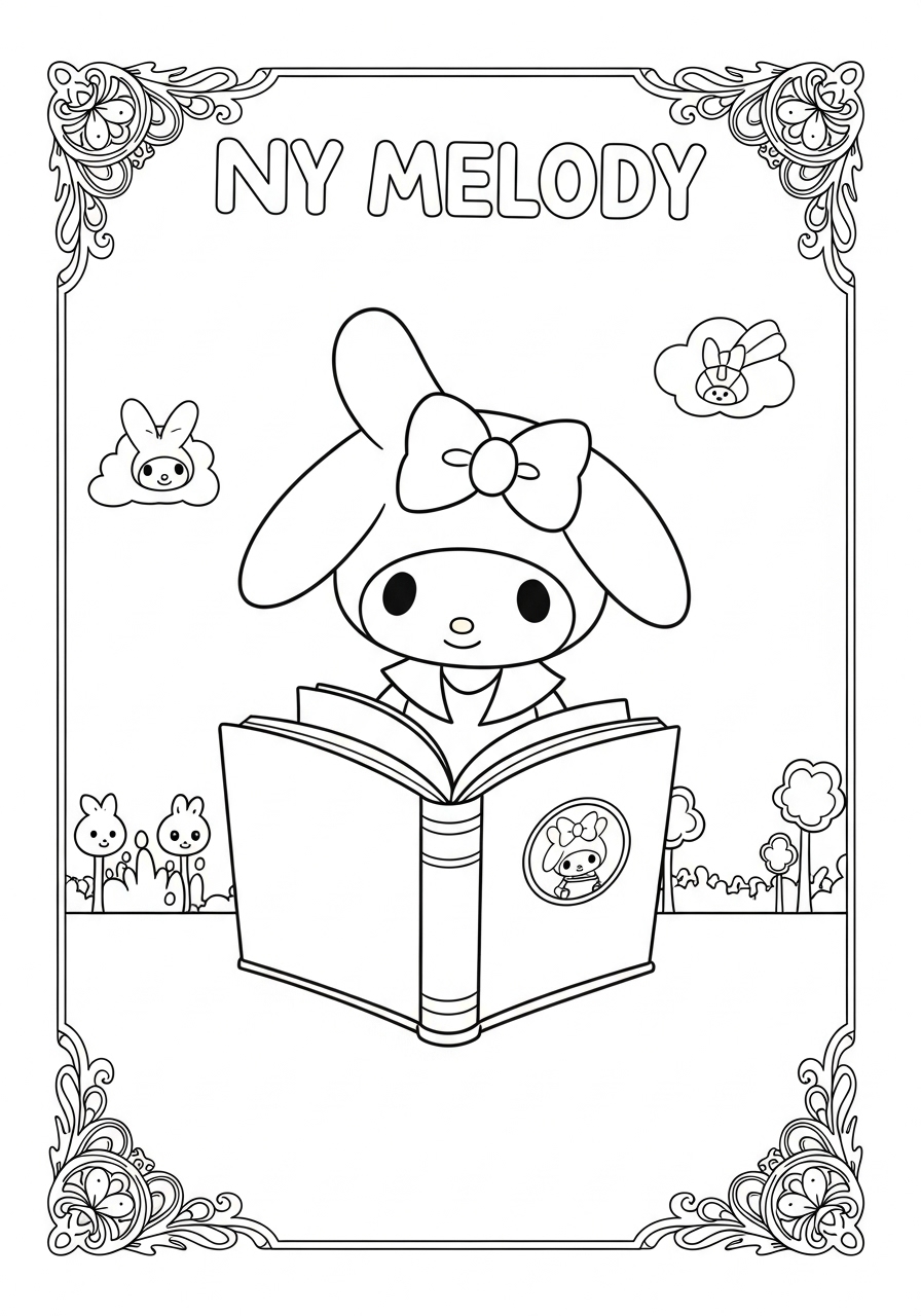 Desenho My Melody lendo livro em fundo com coelhos