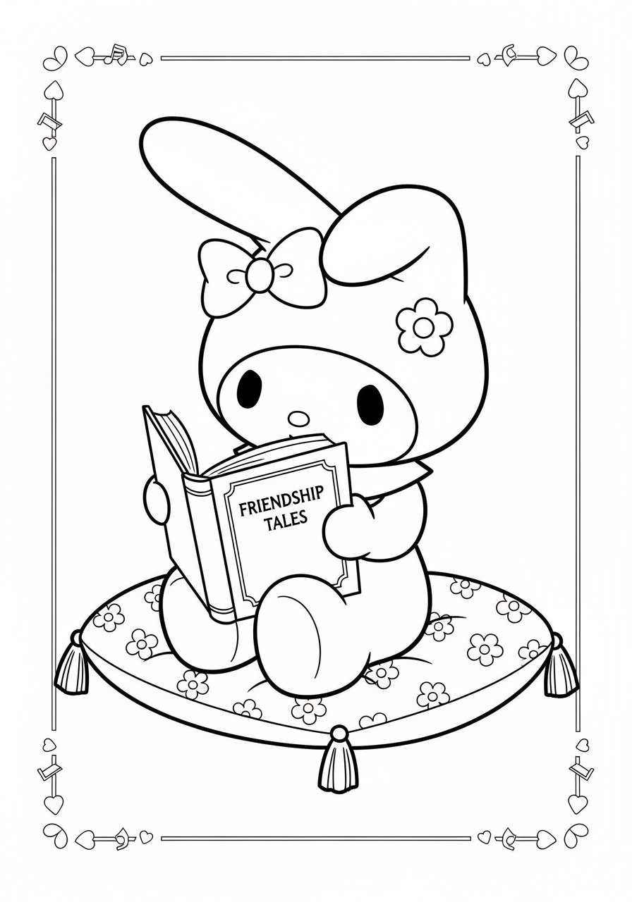 Desenho My Melody lendo um livro sentada em um tapete