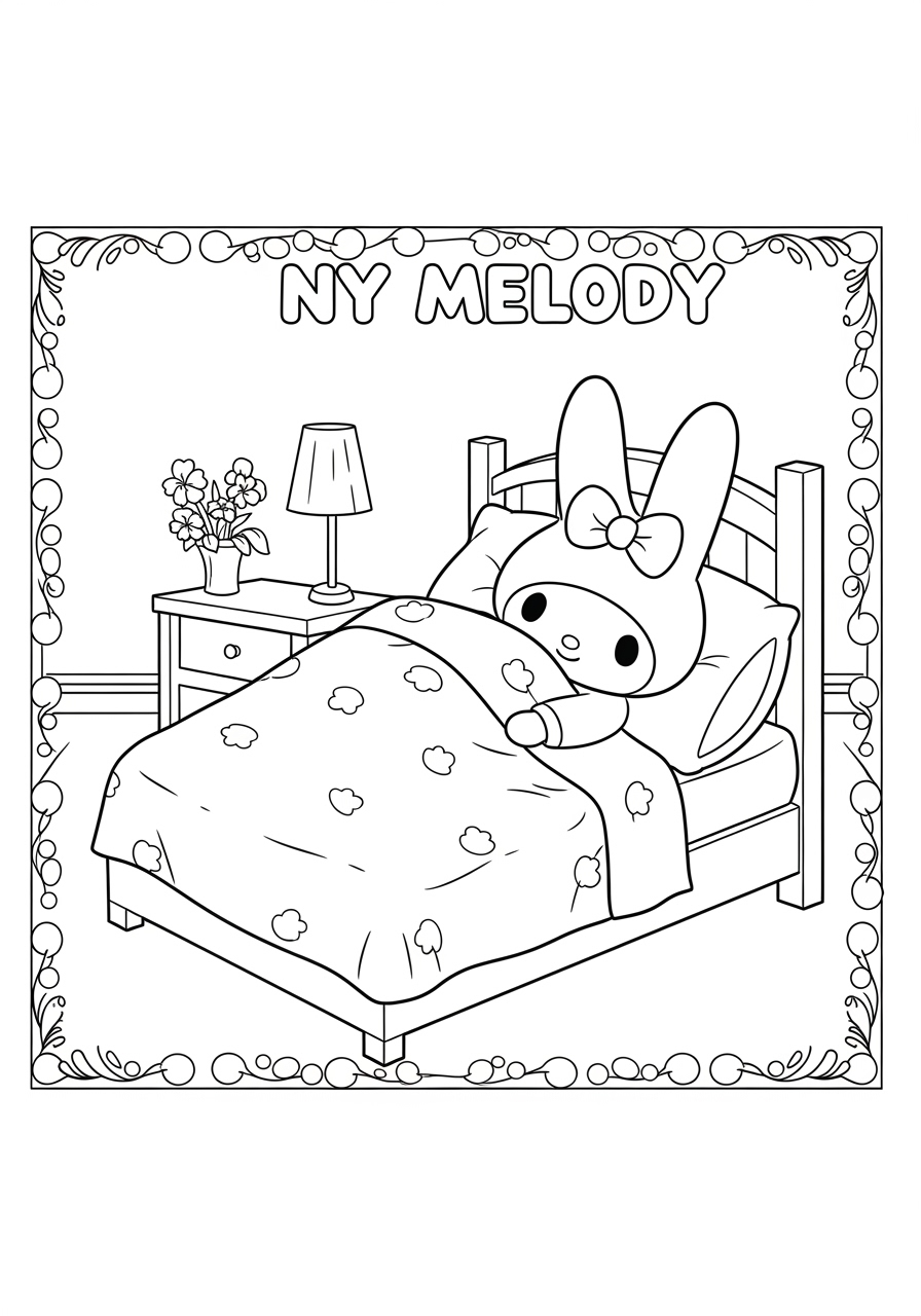Desenho da My Melody na cama pronta para colorir