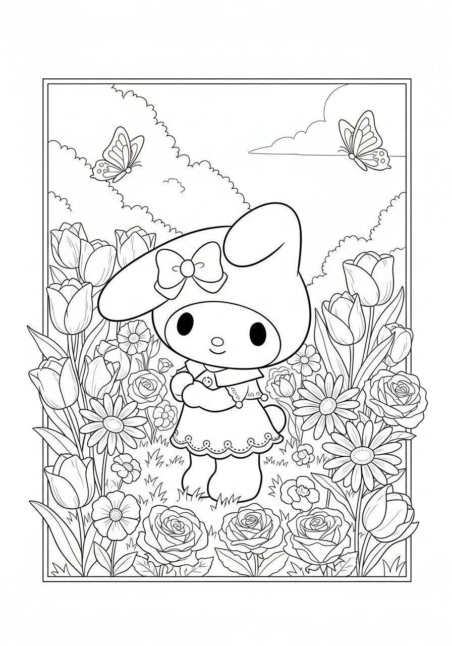 Desenho My Melody rodeada de flores e borboletas para colorir